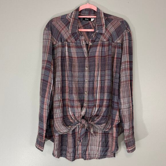 BDG Urban Outfitters Melanie Oversized Plaid Button Down Tie Front Top Sz M - Picture 2 of 11